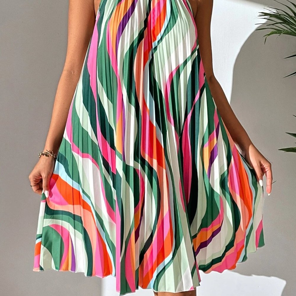 Multicolor Preppy Womens Allover Print Pleated Halter Dress - Picture 3 of 5